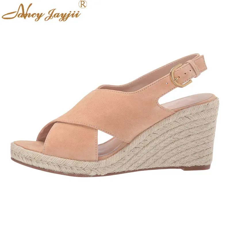 

Khaki Nude Women's Sandals Female for Summer 3 Inch Linen Wrapped Wedges Heels Buckle Strap Shoes Leisure Vacation 2022