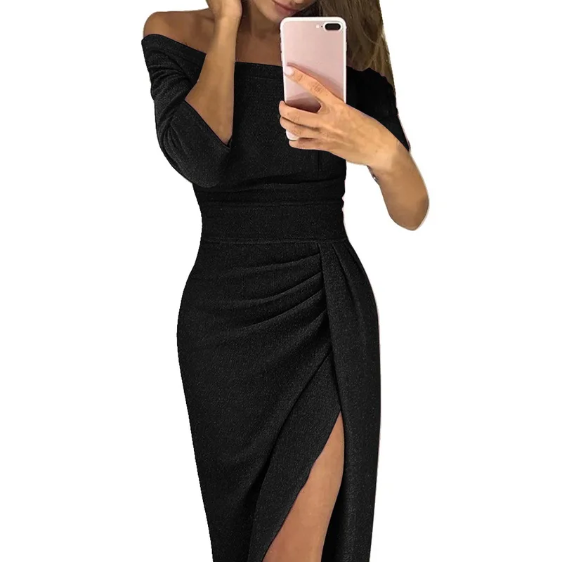 black Women Party Dresses Sexy Split Slash Neck Vestidos Fashion Solid Pleated Robe Femme Club Dress Sequin Tunic Party Dress New Year - Цвет: black