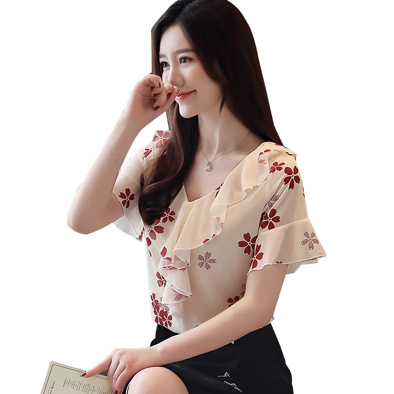 Korean Fashion Chiffon Women Blouse Ruffles V-Neck Flare Sleeve White Shirts Plus Size Womens Tops and Blouses |