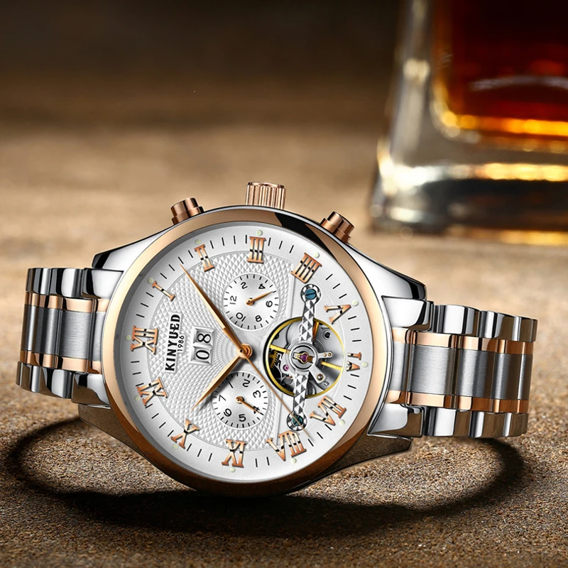 KINYUED Band элегантные черные мужские часы Tourbillon механические наручные из