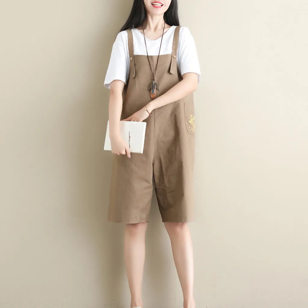 Женский комбинезон без рукавов с пуговицами свободный хлопковый льняной женский