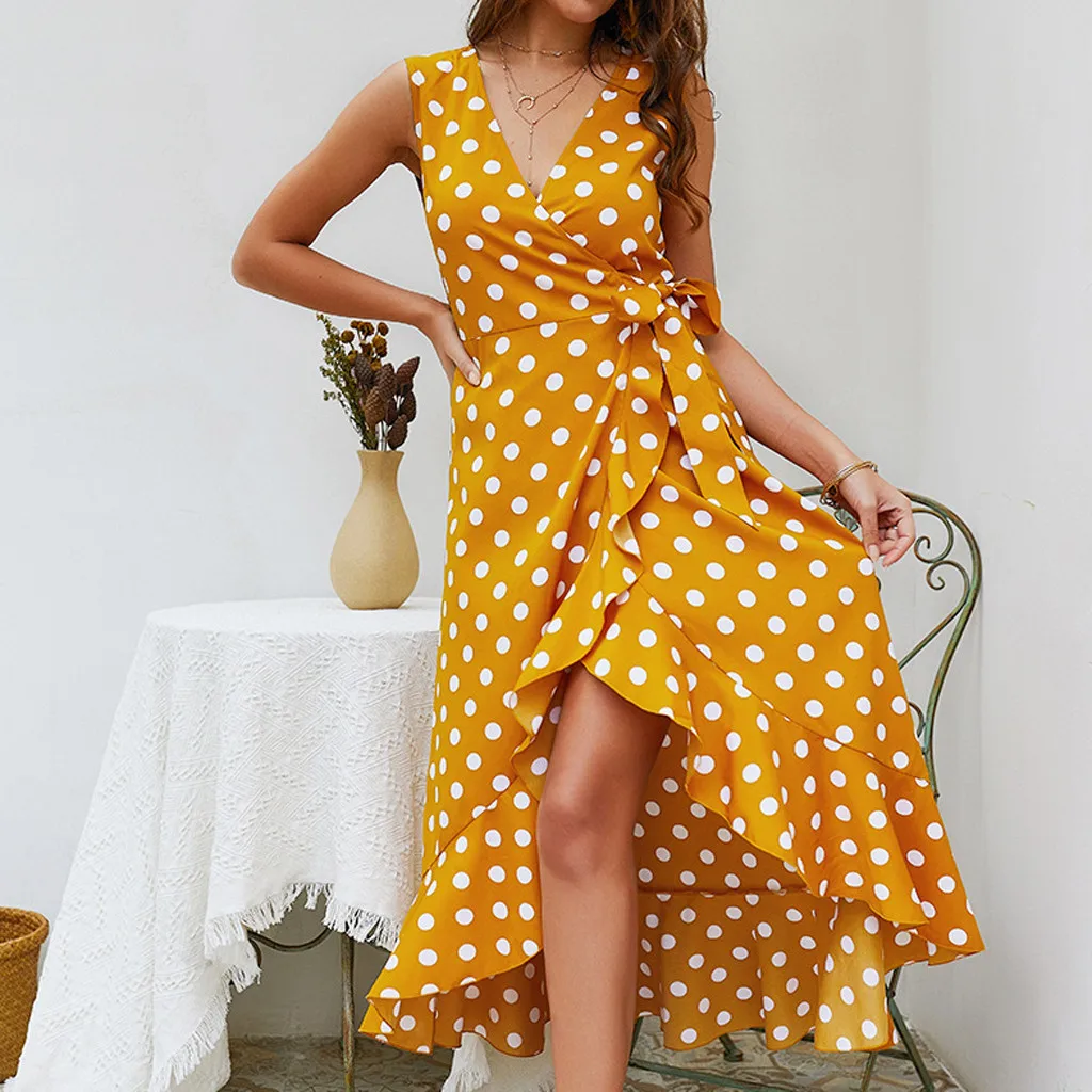 Casual Summer Outdoor Beach Lady V-neck Dot Print Sleeveless Irregular Maxi Dress Party Elegant Sexy Bohe Long | Женская одежда