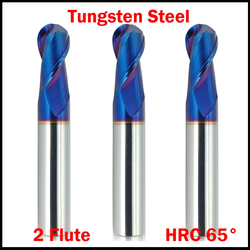 

R1.5mm R2mm R2.5mm HRC65 2 Flute Tungsten Solid Carbide CNC Router Bit Cutting Tool Ball Nose End Mill Milling Cutter