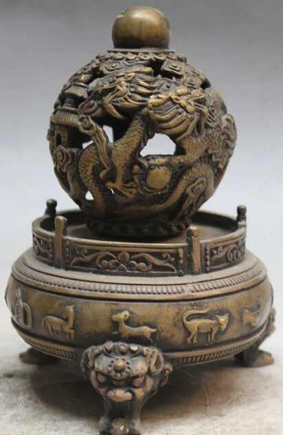SCY 7&quot Chinese Bronze Dragon Play Bead Animal Lion Head Beast Rotate FengShui Ball S0706 | Statues &amp Sculptures