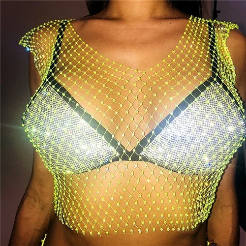 Neon Green V-neck FestivalQueen Сексуальная Бриллиантовая сетка обрезанная майка женская летняя накидка бикини Прозрачная сетка со стразами вечерние клубный кроп-топ - Цвет: Neon Green V-neck
