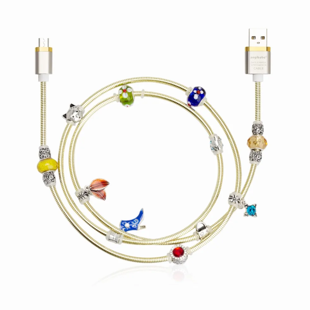 (Золотой) ANGIBABE провод пружинный USB кабель 2A 1 м DIY инкрустированный Алмазный