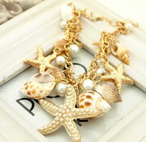 Ocean Style Multi Starfish Sea Star Conch Shell Imitated Pearl Chain Beach Bracelet Bangle Novelty Hot Selling Gift for Girl | Украшения и