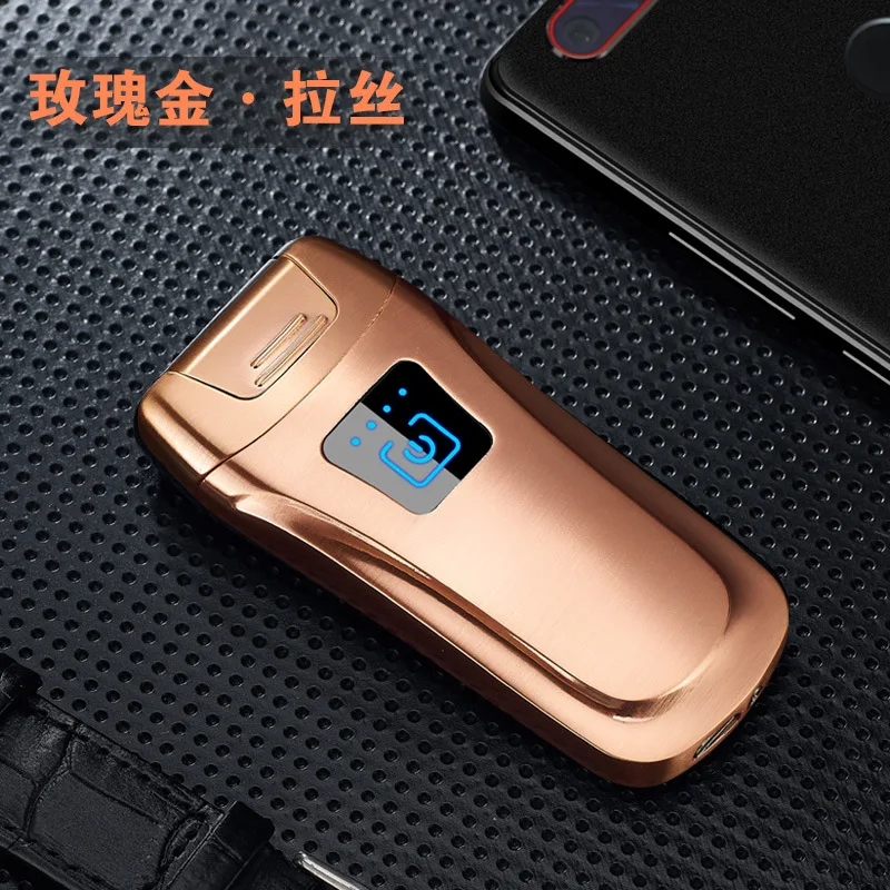 Новая Металлическая двойная дуговая зажигалка, электрическая USB Зажигалка, мощный дисплей, сенсорный ветрозащитный перезаряжаемый прикуриватель для мужчин, Подарочный брикет - Цвет: gold