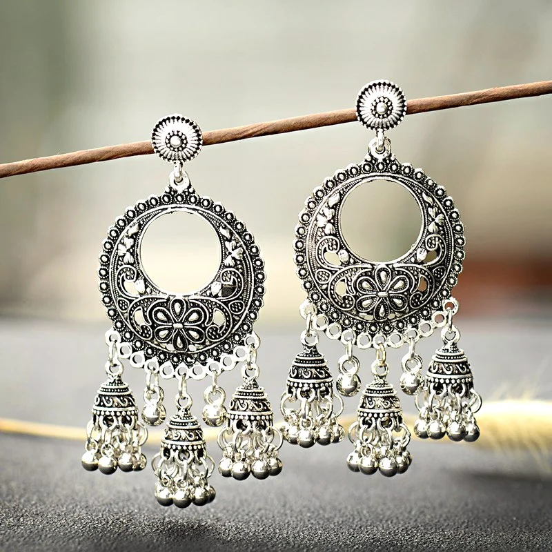 Женские винтажные серьги-кисточки Jhumka Bells сережки серебристого цвета с