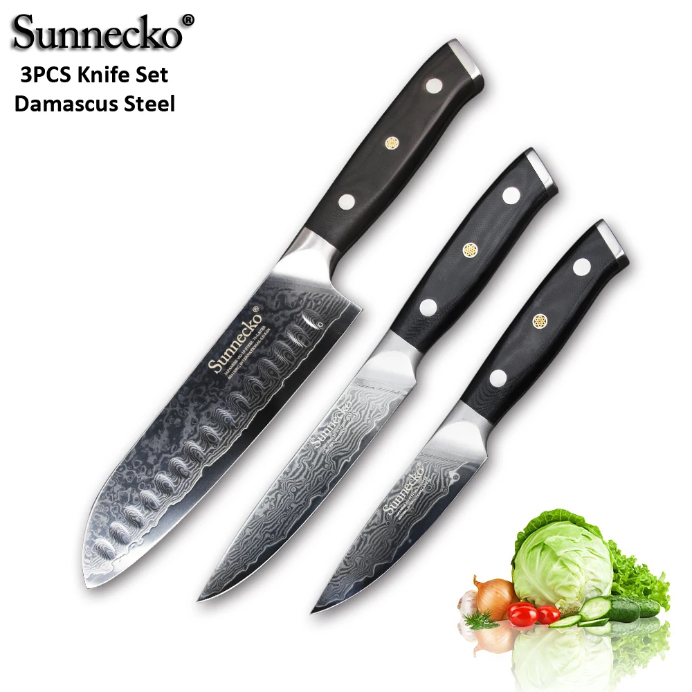 SUNNECKO 3 шт. набор кухонных ножей Santoku нож для очистки овощей японский Дамаск VG10