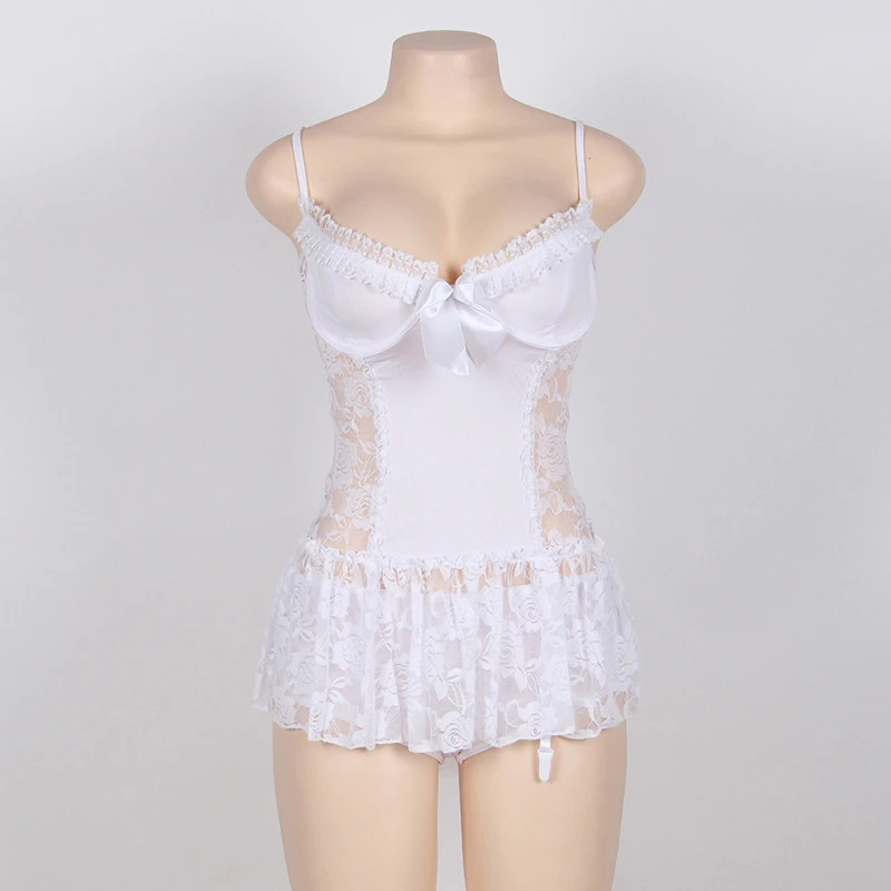 Кружевное белое нижнее белье эротическое с повязкой на спинку для свадьбы