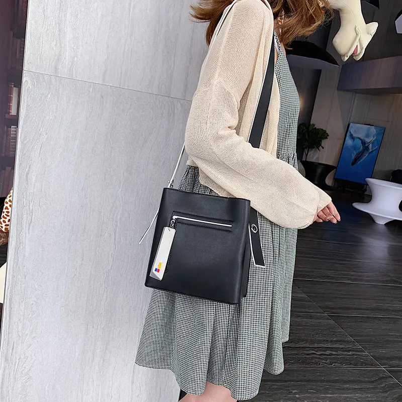 Female bag split leather bucket handbag high quality child large capacity shoulder word powder green color Messenger | Багаж и сумки