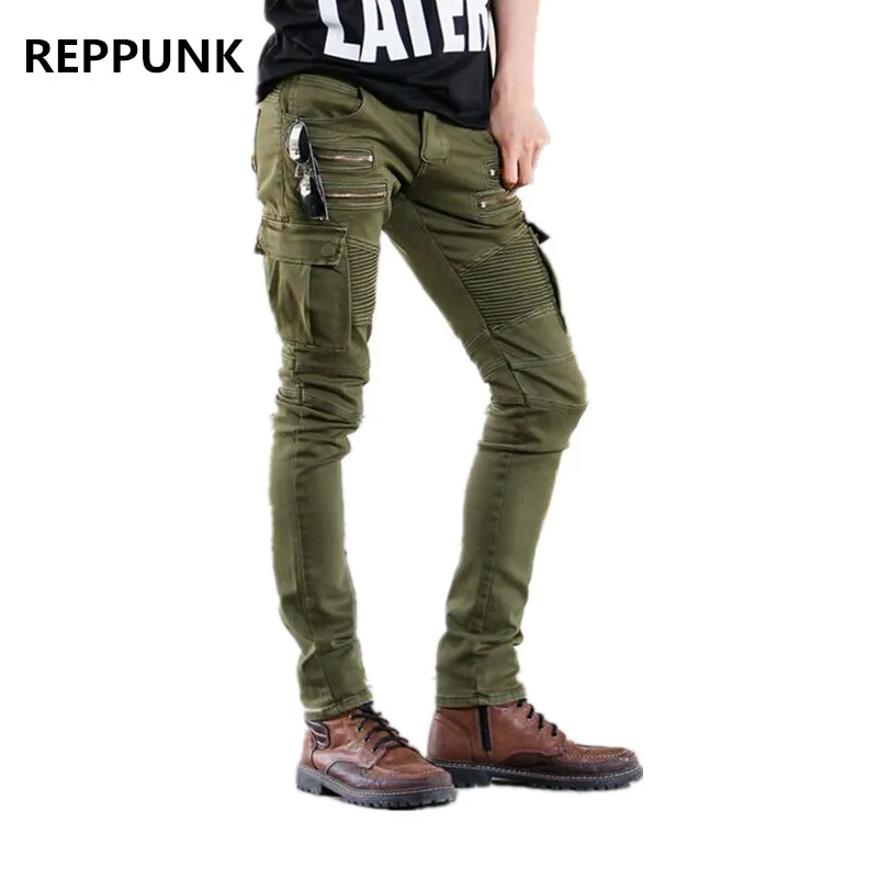 Джинсы мужские облегающие эластичные на молнии с боковым карманом зеленые 2017|slim