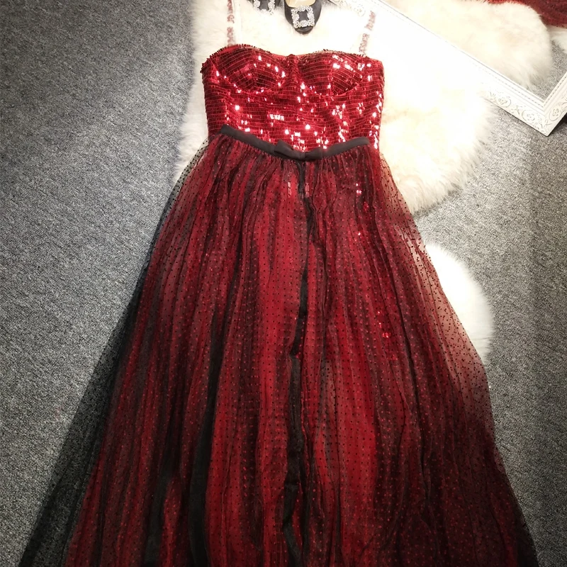 Новое платье с красными блестками в горошек длинной талией | Женская одежда