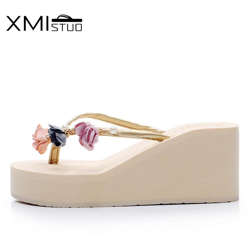 Модные женские шлепанцы XMISTUO летние пляжные Шлёпанцы на танкетке