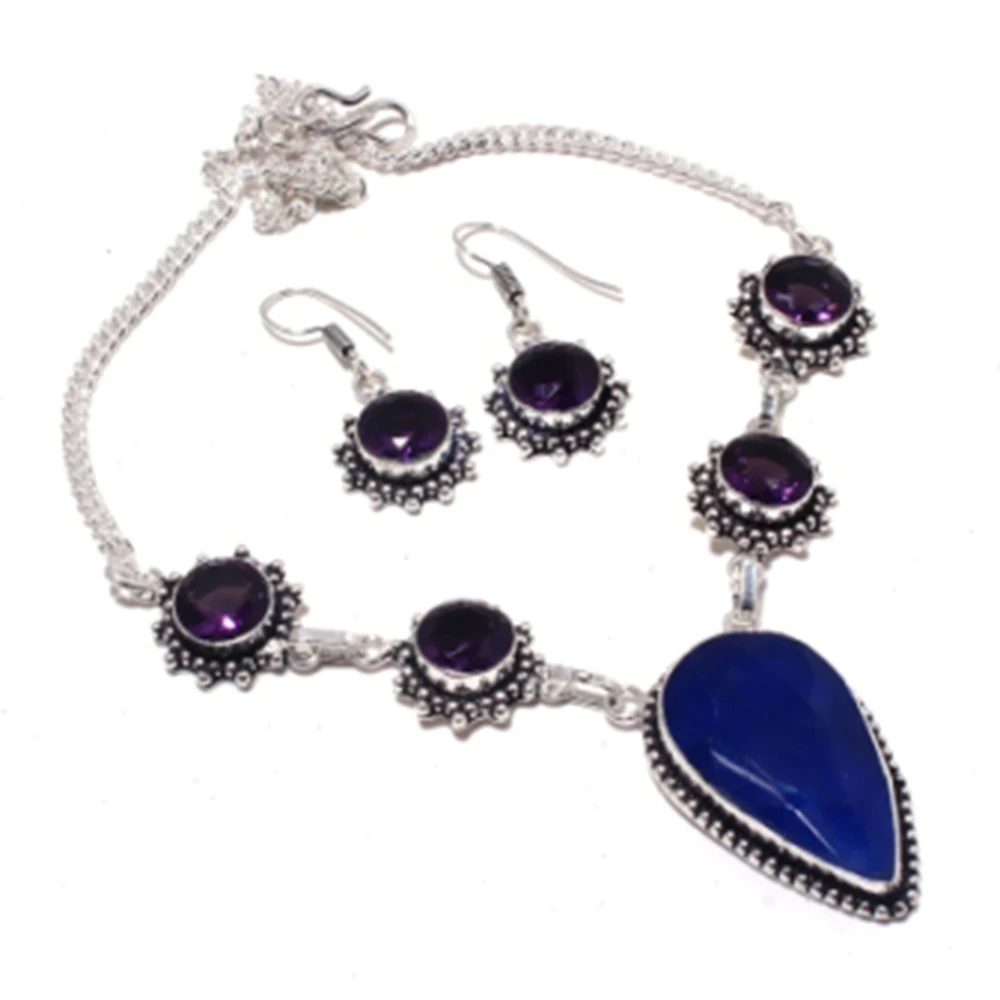 

Sapphires,Amethysts Necklace + Earings Silver Overlay over Copper, 44.4 cm , N3992