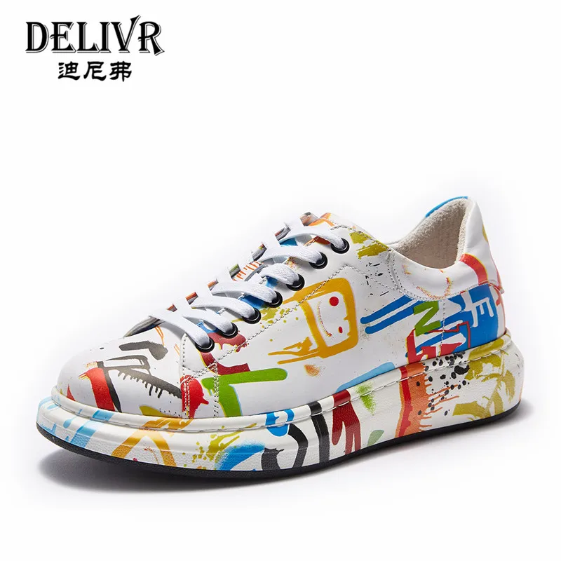 Delivr Casual Mens Shoes Genuine Leather Sneakers 2019 Graffiti Painted Outdoor Low Top Designer Men Luxury Brand | Обувь