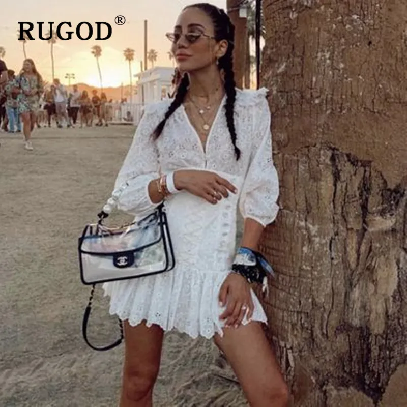RUGOD элегантное Кружевное белое женское мини-платье винтажное платье с v-образным