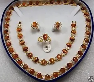 Комплект из колье браслета сережек и кольца тигровый глаз|earings red|set earringearring bridal |