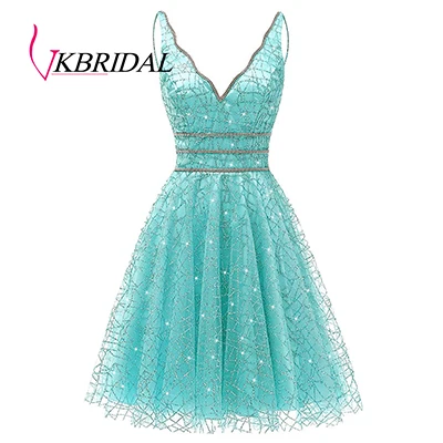 Ice Blue VKbridal/блестящее мини-платье с глубоким v-образным вырезом и кристаллами для выпускного вечера, сверкающие платья для выпускного вечера, короткие платья для девочек - Цвет: Ice Blue