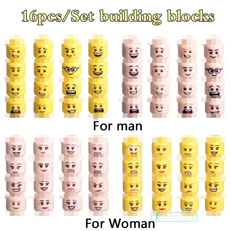 16pcs/lot Single Bricks Figure Face Head Expression Female/Male Joker Accessories Building Blocks Set Model Toys for Children | Игрушки и