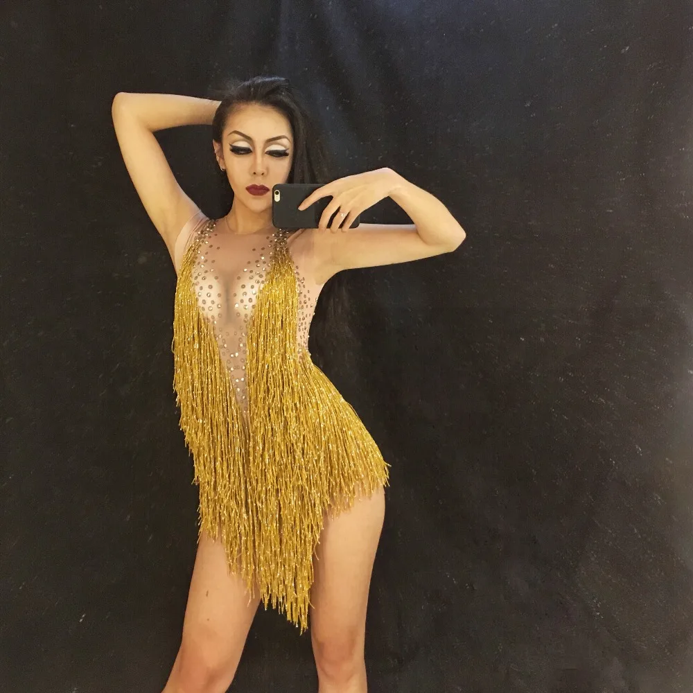 Women Sparkly Gold Tassel Bodysuit Rhinestones Outfit Glisten Beads Costume One-piece Dance Wear Singer Stage Leotard