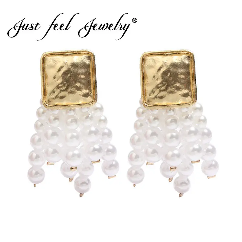 JUST FEEL Simulated Pearl Tassel Earrings Women Round Circle Gold Color Drop Dangle Wedding Bridal Party Indian Jewelry | Украшения и