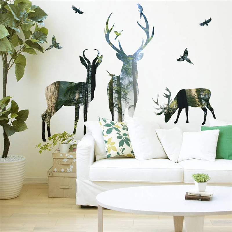 3d view nature forest deer wall decals home decor living room bedroom pvc stickers diy poster mural art decoration | Дом и сад