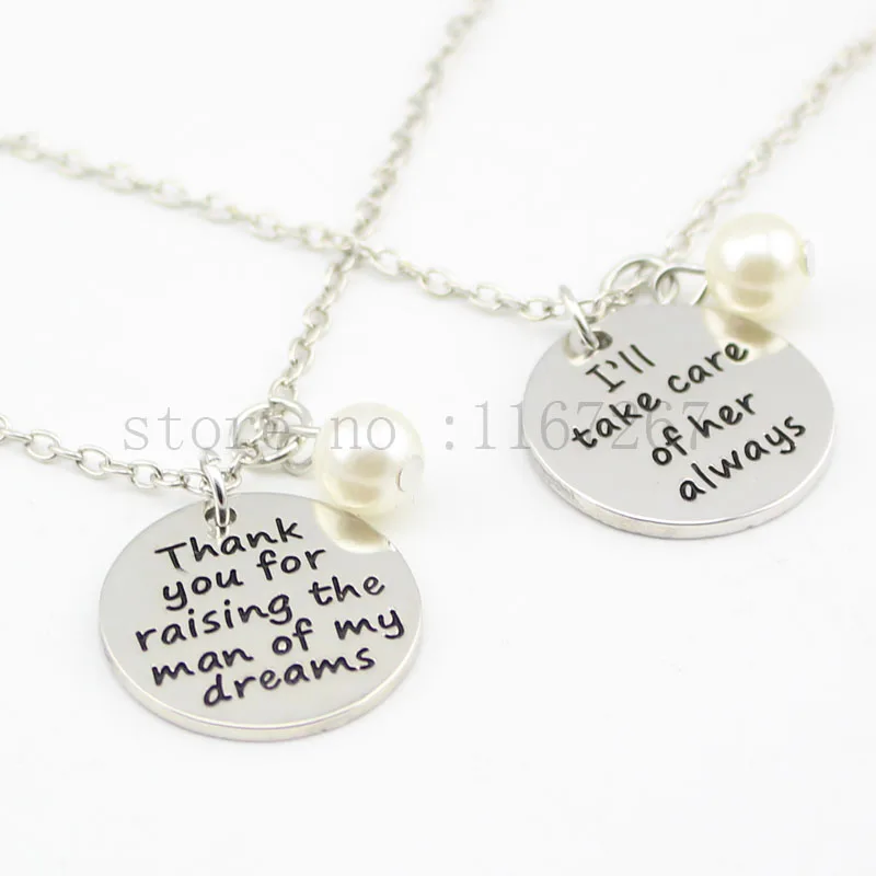 2016 Necklace Set- Mother in Law Gifts&quotThank you for raising the man of my dreams&quot and &quotI'll take care her always&quot necklace |