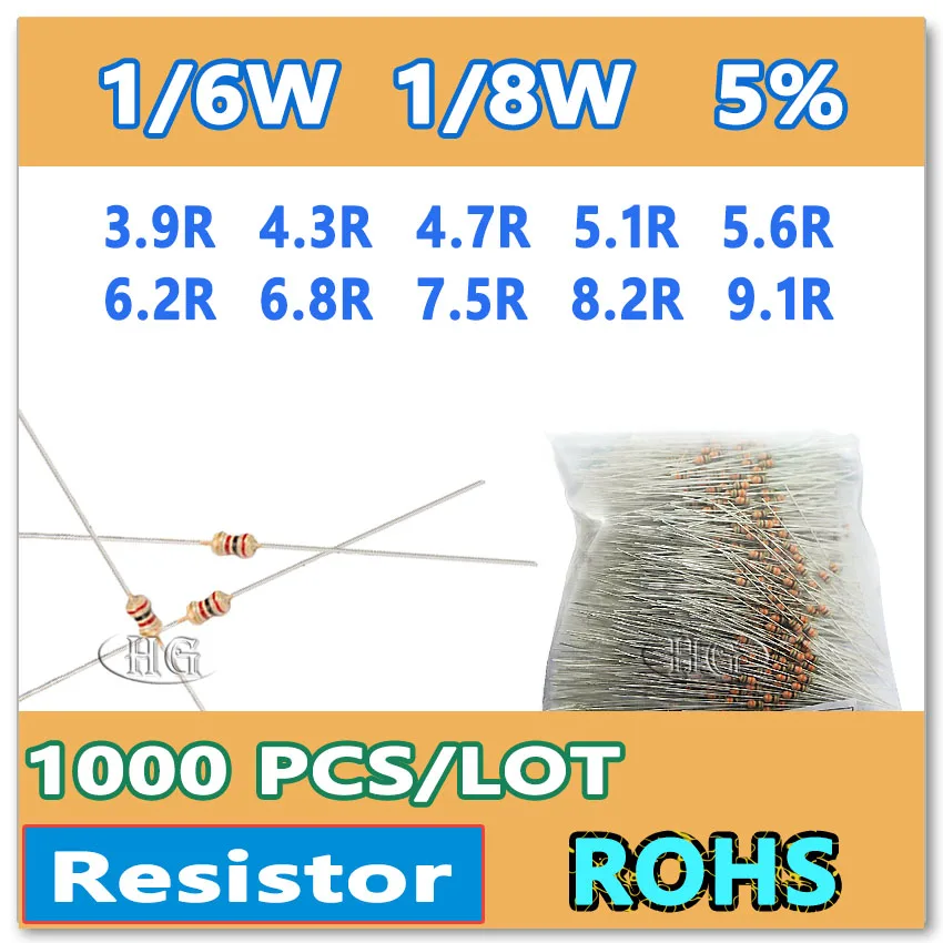 

JASNPROSMA 1000PCS/LOT 5% 1/6W 1/8W 3.9R 4.3R 4.7R 5.1R 5.6R 6.2R 6.8R 7.5R 8.2R 9.1R carbon film DIP OHM Color ring Resistor