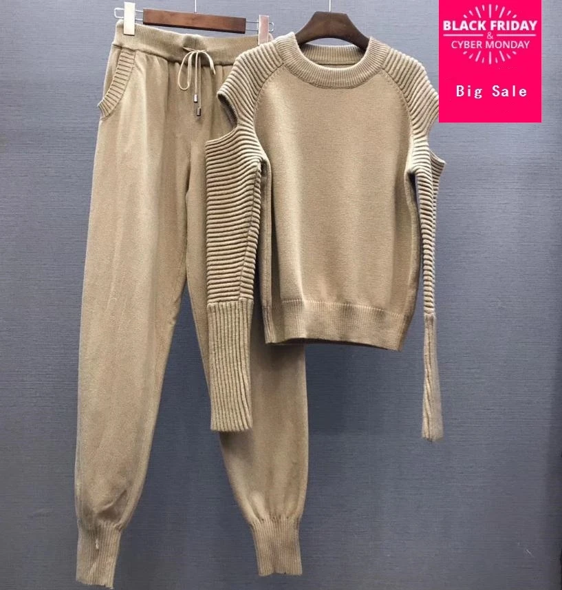 

2020 Spring Knitted warm Suit Round neck Knit Sweater + hollow out LongPant Leisure Two-piece suits wj1763 wholesale dropshiping