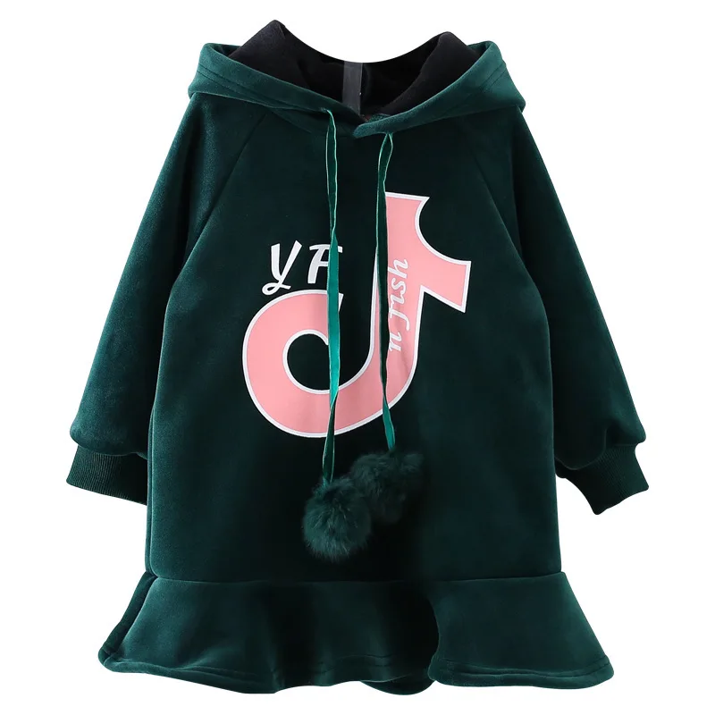 

Girls Clothes 3-10 Y Winter Autumn Hooded Long Sleeve Hoodies Dress Girls Letters Pattern Warm Fleece Mid-long Loose Fit Hoodies