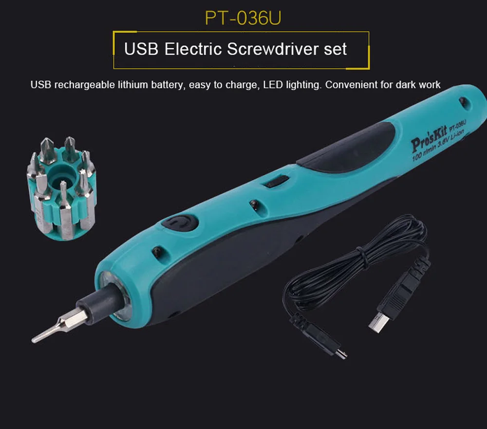 Pro'skit PT-036U USB литиевая батарея электродрель отвертка Аккумуляторная Беспроводная электрическая отвертка Ремонт ручных инструментов