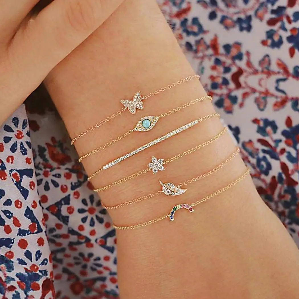 Fashion Women Butterfly Eye Star Moon Leaves Multilayer 22cm/8.7inch Bracelet Party Set of (6Pcs) Jewelry Gold | Украшения и