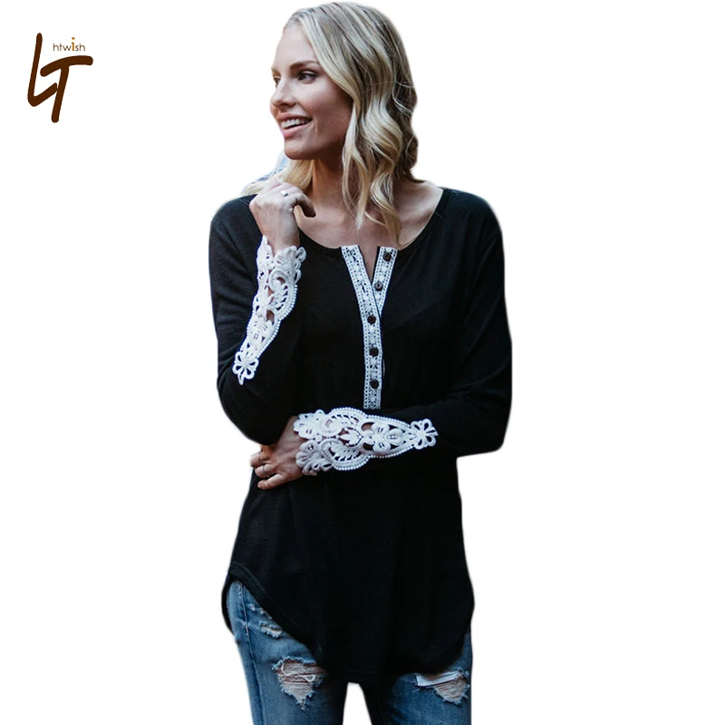 Осень o образным вырезом с длинным рукавом кружева лоскутное открытые полосатый