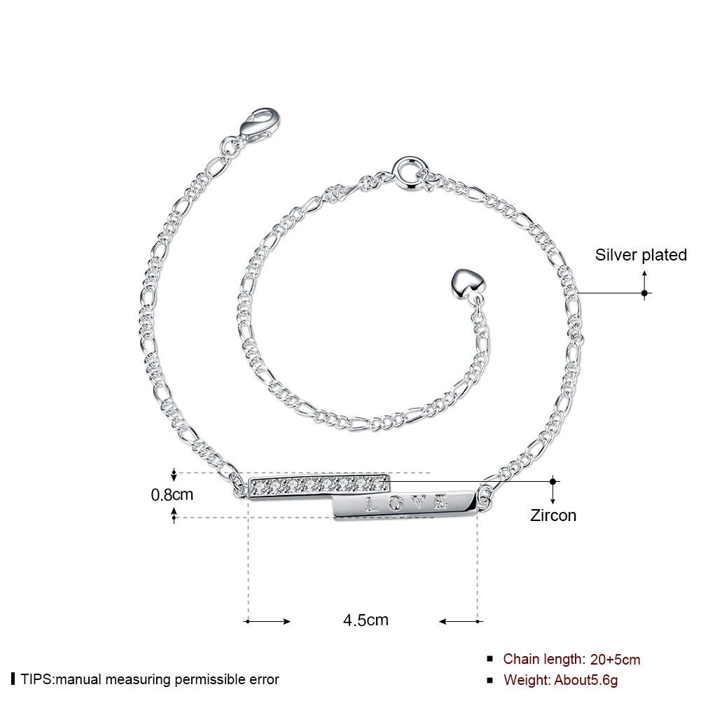 Для женщин Серебряный Цвет ботильоны браслет Цепи Циркон Письмо Jewelry оптовая