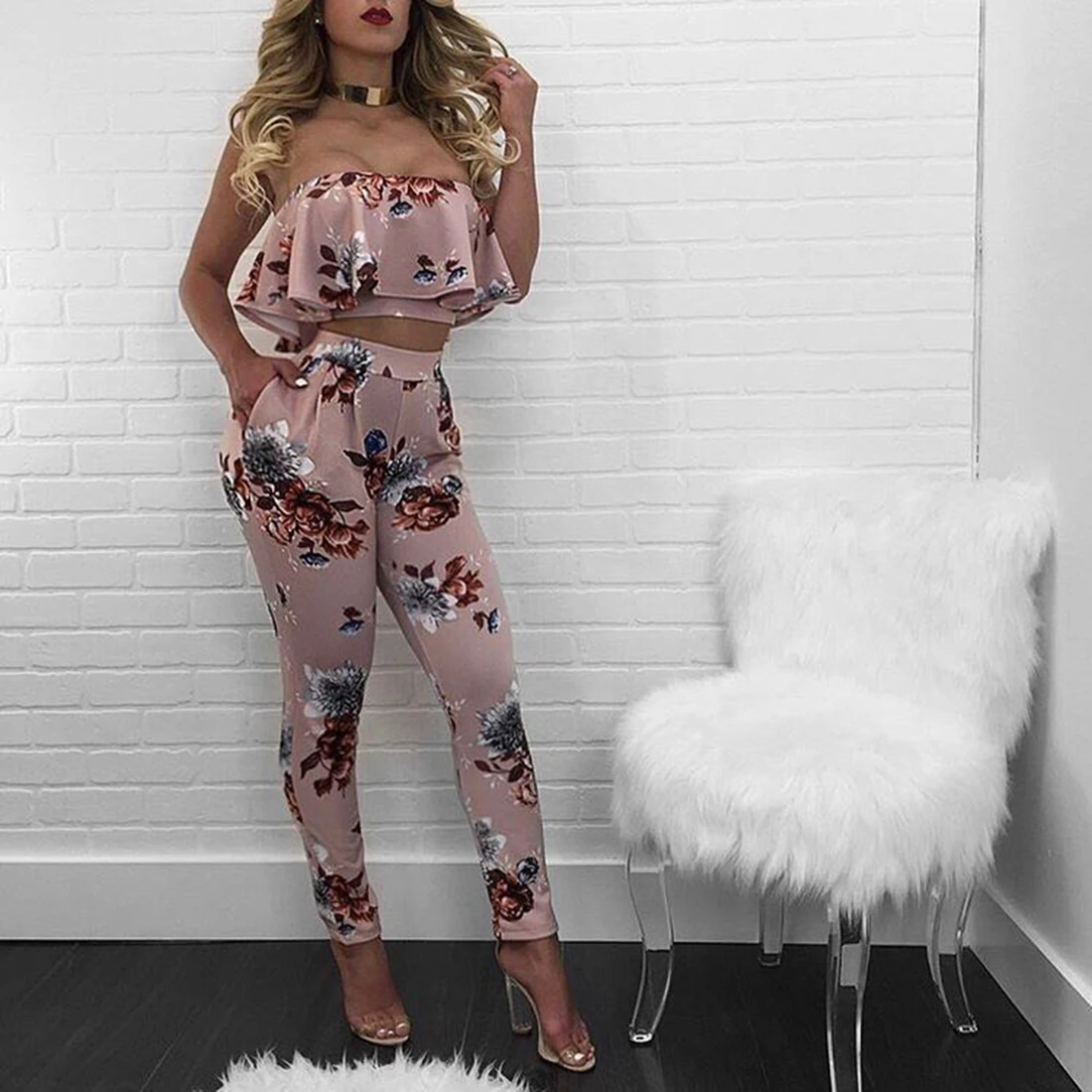 2017 спортивные костюмы женские короткий топ с рюшами + длинные штаны цветочным