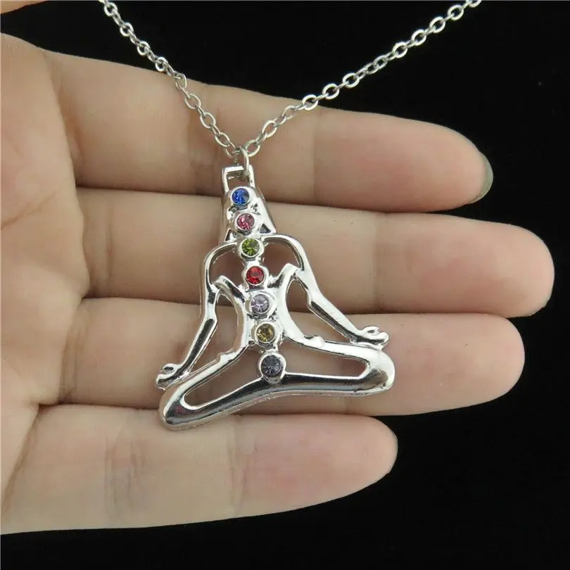 19871 тускловатый серебряный стразы чакра Будда йога кулон цепочка ожерелье