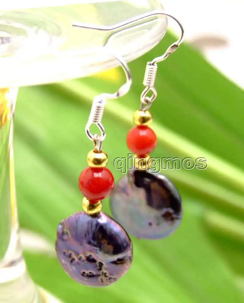 Круглая натуральная пресноводная жемчужина черная монета 12-13 мм и красный коралл