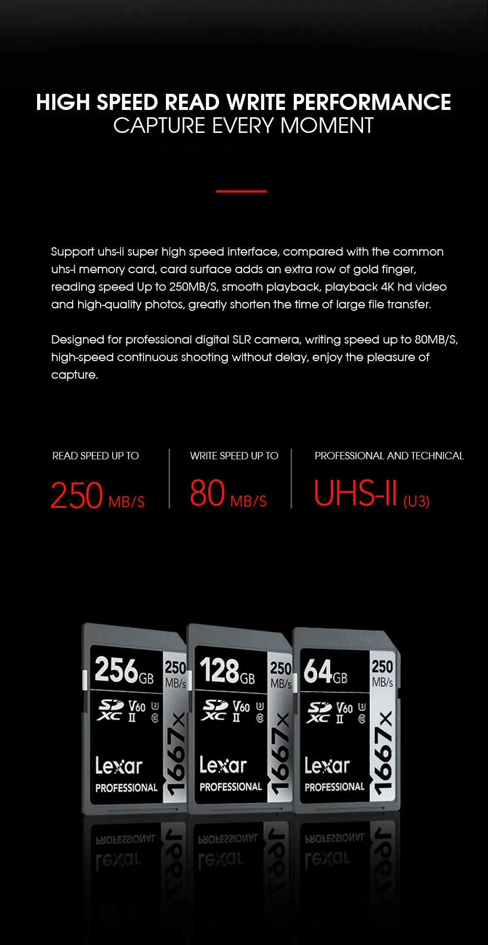 Оптом и продажи, оригинальные Lexar читать 250 МБ/с. 1667x SD Card 64 Гб 128 256 SDXC UHS-II U3 флэш-карта памяти для 3D 4K цифровой Камера