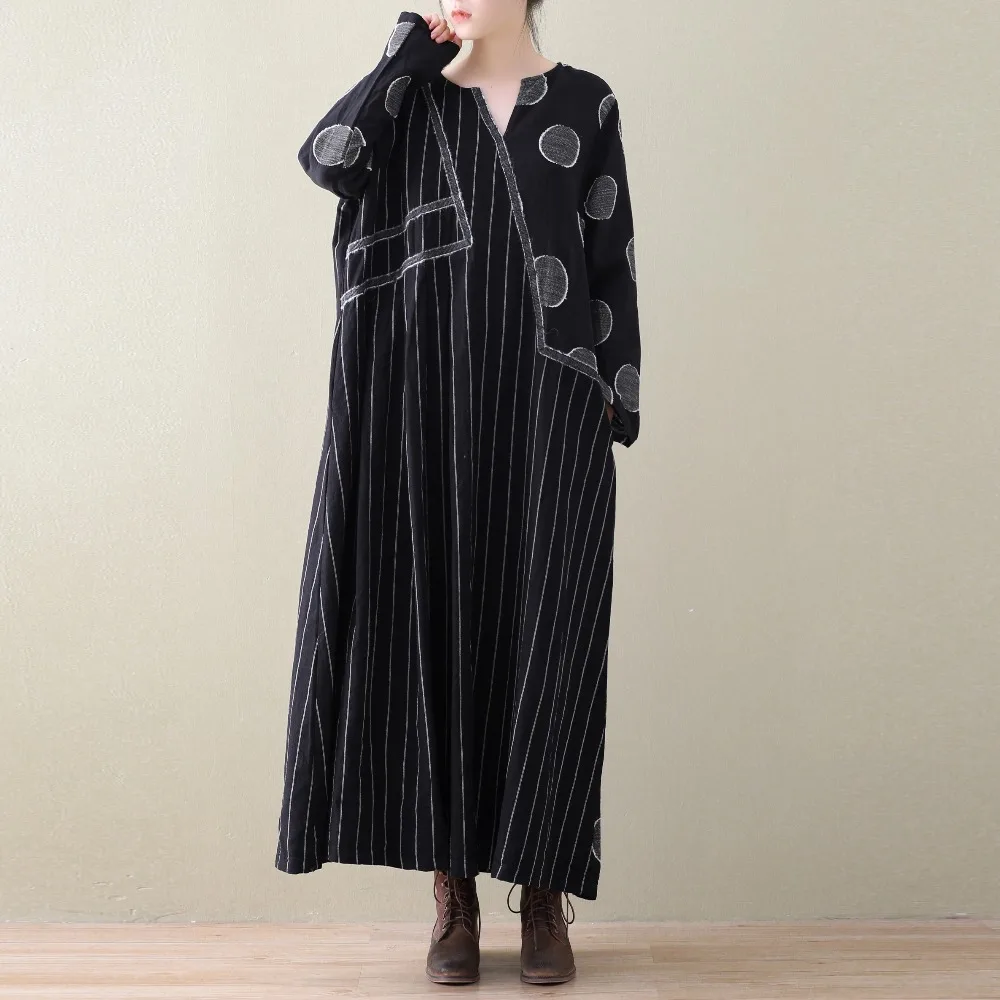 2018 New Spring Women Cotton Linen Dress Patchwork Long Sleeve Striped Dots Casual Vintage Robe Plus Size Clothing | Женская одежда