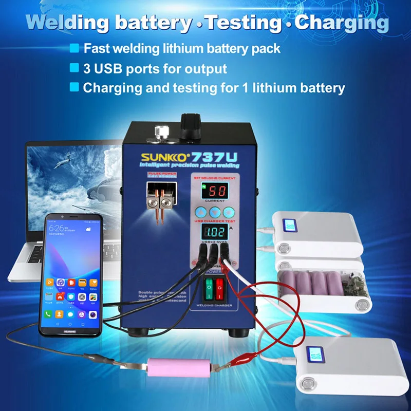 SUNKKO 737U Spot Welding 18650 lithium battery pack Testing and Charging for 3 USB ports output | Инструменты