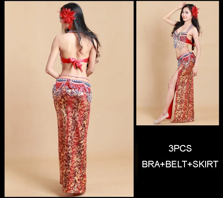 3pcs Red SIYOU костюм для танца живота Одежда для танцев Индийский Болливуд танец живота платье ткань топ бюстгальтер+ Ceinture бедра пояс+ юбка - Цвет: 3pcs Red