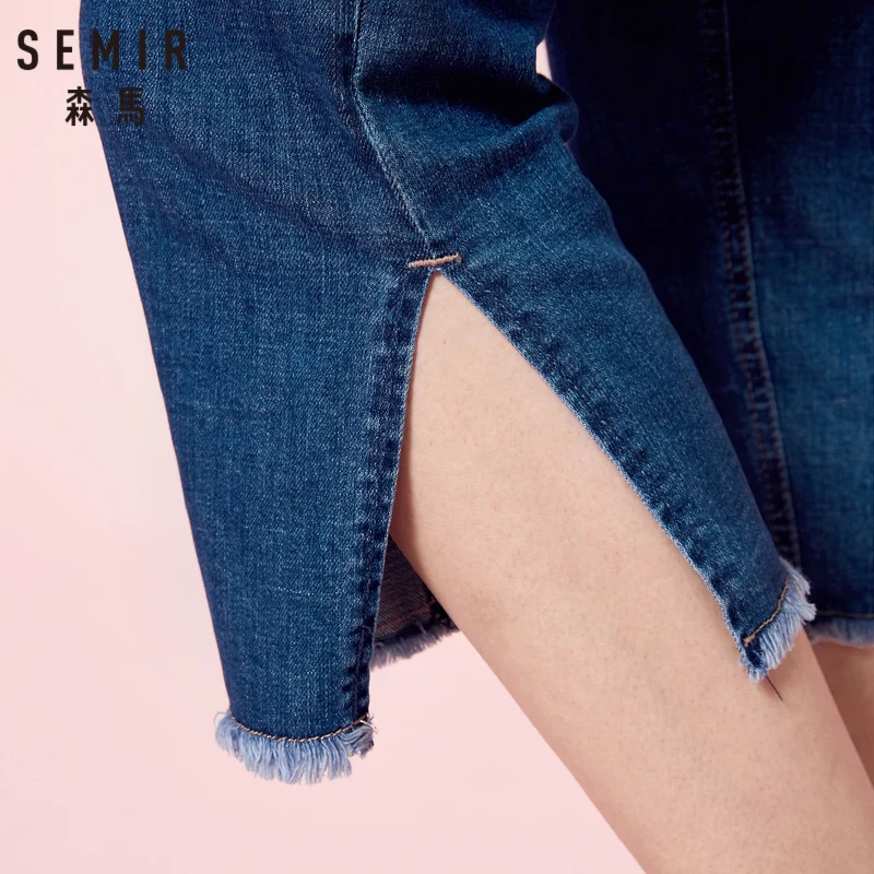 SEMIR Women Calf-Length Jeans with Slits at Hem Women's Slim Fit Cotton in Washed Denim Raw-Edge Chic Style |