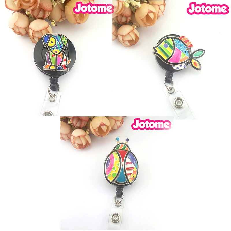 

10pcs/lot free shipping colorful enamel fish/dog/ladybug animal style Retractable ID Badge Reel Holder reel for gift/party