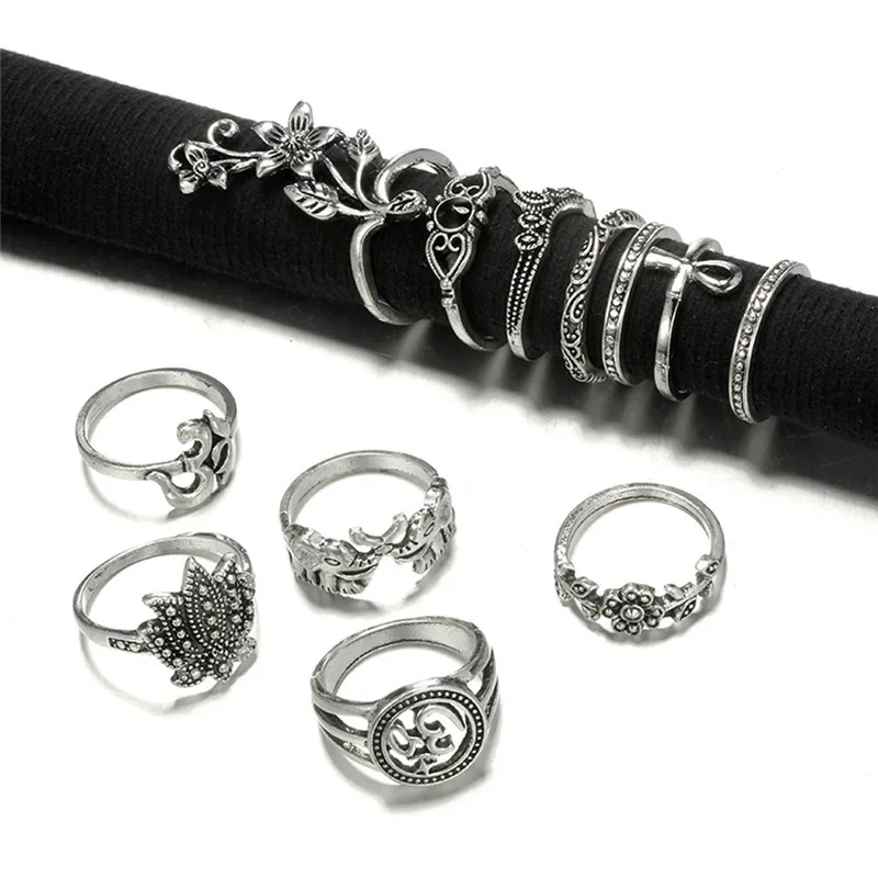 12 шт./компл. Ретро Богемия Совместное кольцо набор крест животных цветок корона