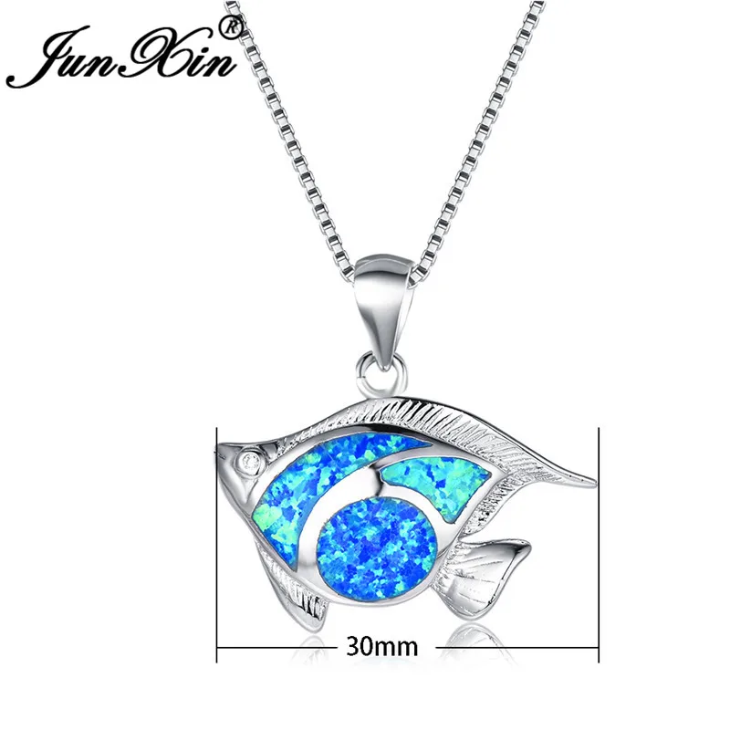 JUNXIN Ocean Blue Fire Opal Fish Pendant Necklaces For Women Men Silver Color Mystical Birthstone Necklace Wedding | Украшения и