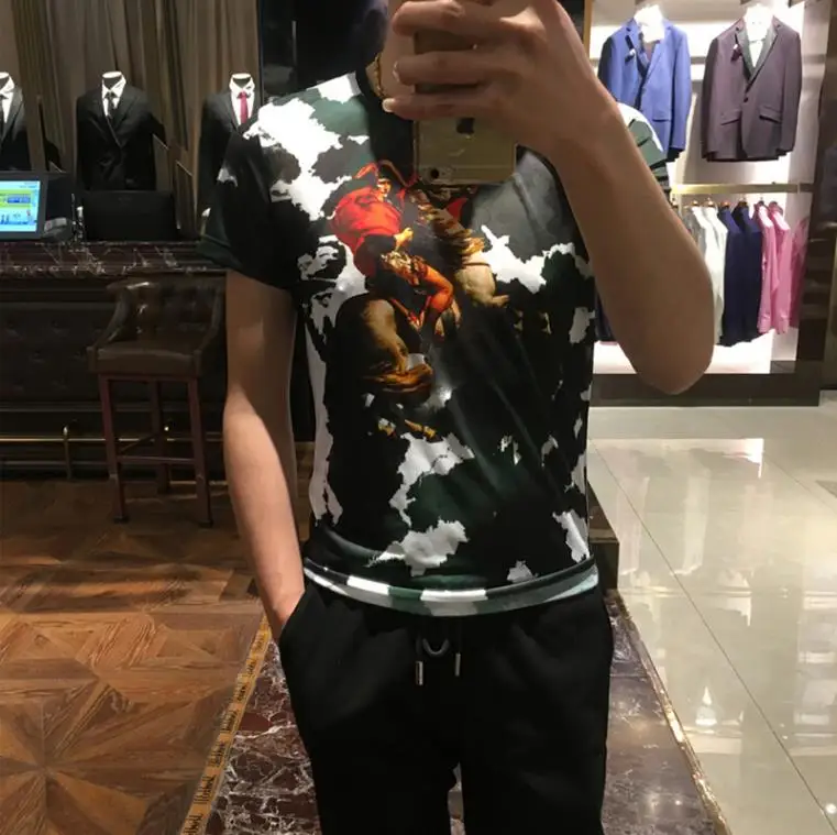 European fashion brand sky blue camouflage clothes summer short sleeve T-shirt men thin horse &amp man printing round colla | Мужская