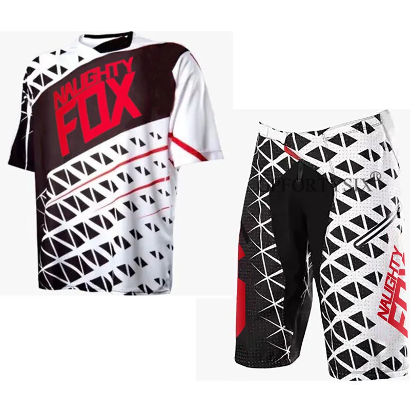 Белый NEW NAUGHTY FOX Summer Men Motocross Gear Combo Bicycle Mountain Bike Off-road DH Cycling Suit Shorts& Jersey - Цвет: Белый