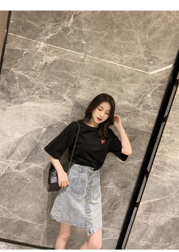 2020 summer new Korean web celebrity short-sleeved T-shirt + irregular denim skirt set for two pieces |